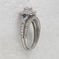14K White Gold Round Diamond and Blue Sapphire 3-Stone Bridal Wedding Ring Set - 7/8 Carat Total Gem Weight