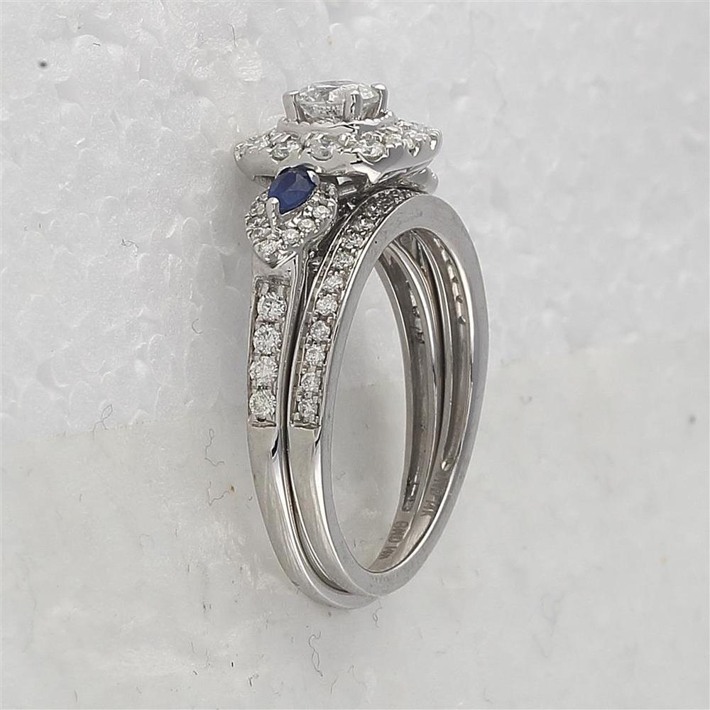 14K White Gold Round Diamond and Blue Sapphire 3-Stone Bridal Wedding Ring Set - 7/8 Carat Total Gem Weight