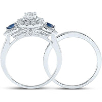 14K White Gold Round Diamond and Blue Sapphire 3-Stone Bridal Wedding Ring Set - 7/8 Carat Total Gem Weight