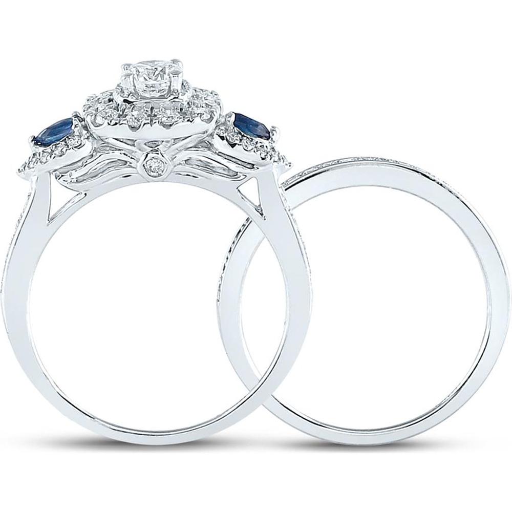 14K White Gold Round Diamond and Blue Sapphire 3-Stone Bridal Wedding Ring Set - 7/8 Carat Total Gem Weight