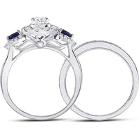 14K White Gold Round Diamond and Blue Sapphire 3-Stone Bridal Wedding Ring Set - 7/8 Carat Total Gem Weight