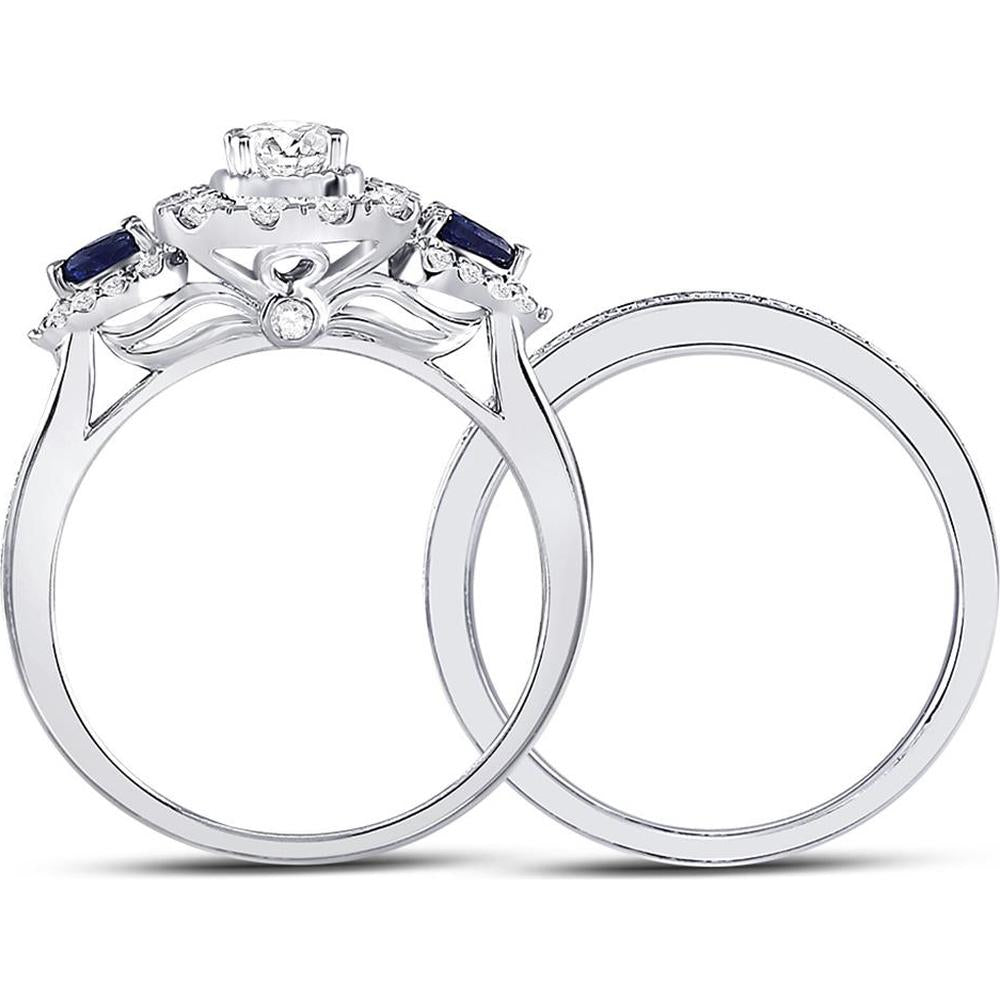 14K White Gold Round Diamond and Blue Sapphire 3-Stone Bridal Wedding Ring Set - 7/8 Carat Total Gem Weight
