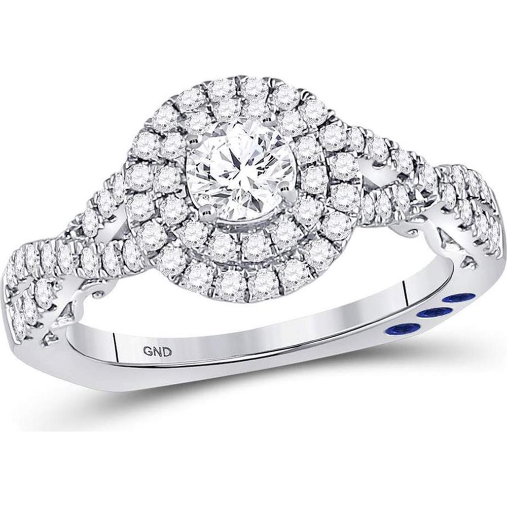 14K White Gold Round Diamond and Blue Sapphire Halo Engagement Ring - 1 Carat Total Diamond Weight