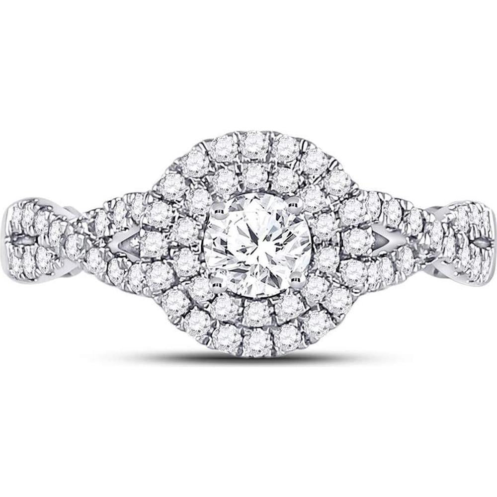14K White Gold Round Diamond and Blue Sapphire Halo Engagement Ring - 1 Carat Total Diamond Weight