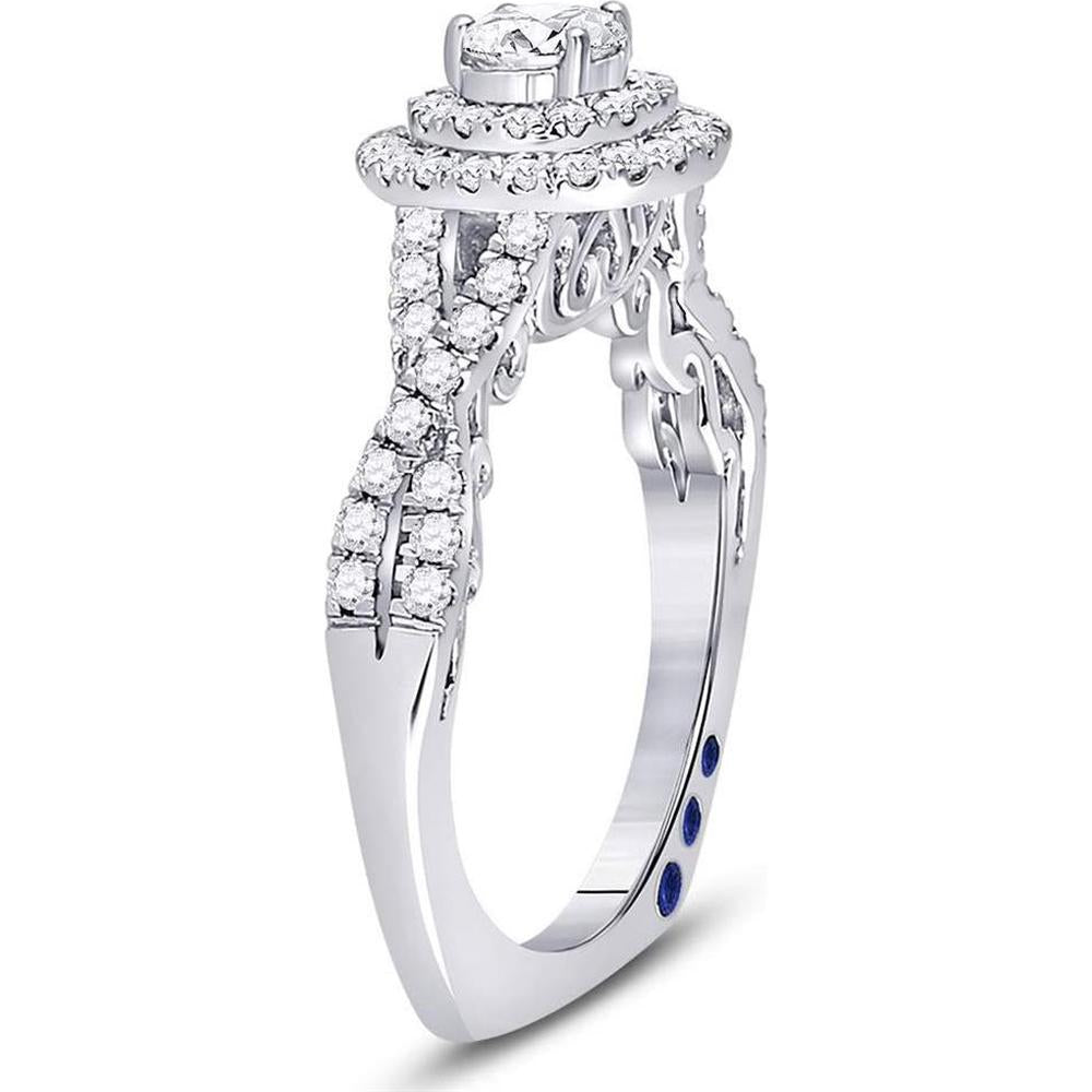 14K White Gold Round Diamond and Blue Sapphire Halo Engagement Ring - 1 Carat Total Diamond Weight