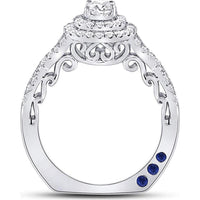 14K White Gold Round Diamond and Blue Sapphire Halo Engagement Ring - 1 Carat Total Diamond Weight