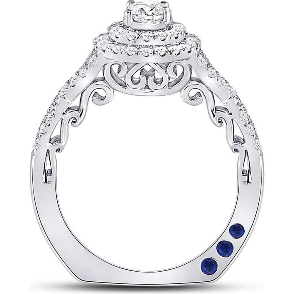 14K White Gold Round Diamond and Blue Sapphire Halo Engagement Ring - 1 Carat Total Diamond Weight