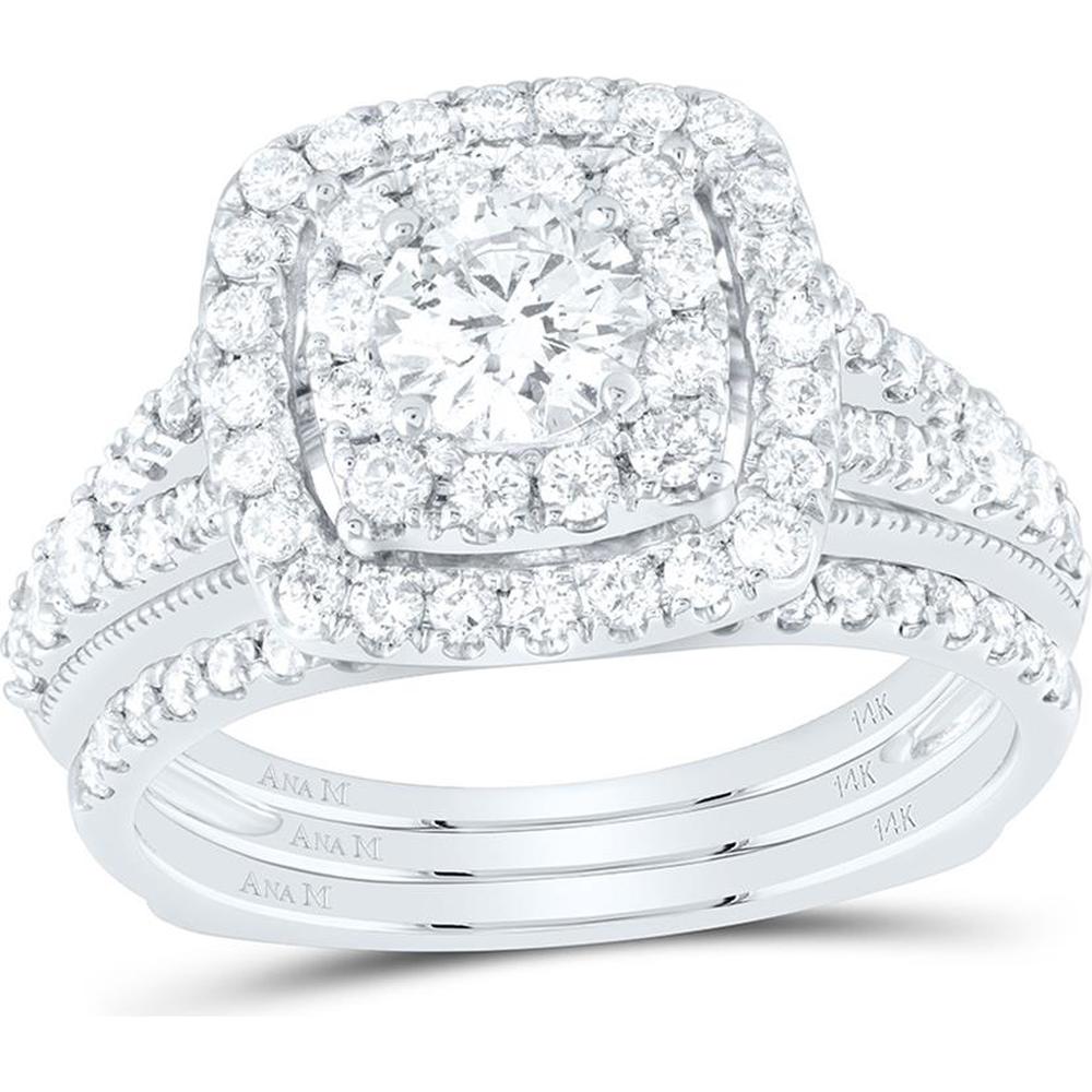 14K White Gold Round Diamond Bridal Wedding Ring Set - 1.5 Carat Total Diamond Weight (Certified)
