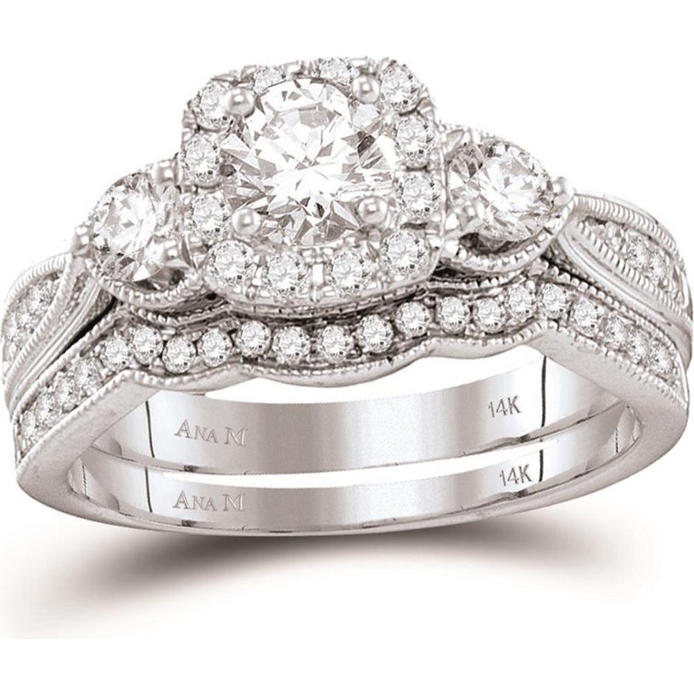 14K White Gold Round Diamond Bridal Wedding Ring Set with Pave-Set Diamonds - 1.00 Carat Total Diamond Weight