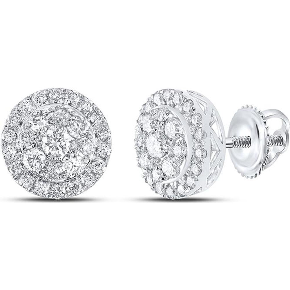 14K White Gold Round Diamond Cluster Earrings - 1.03 Carat Total Diamond Weight