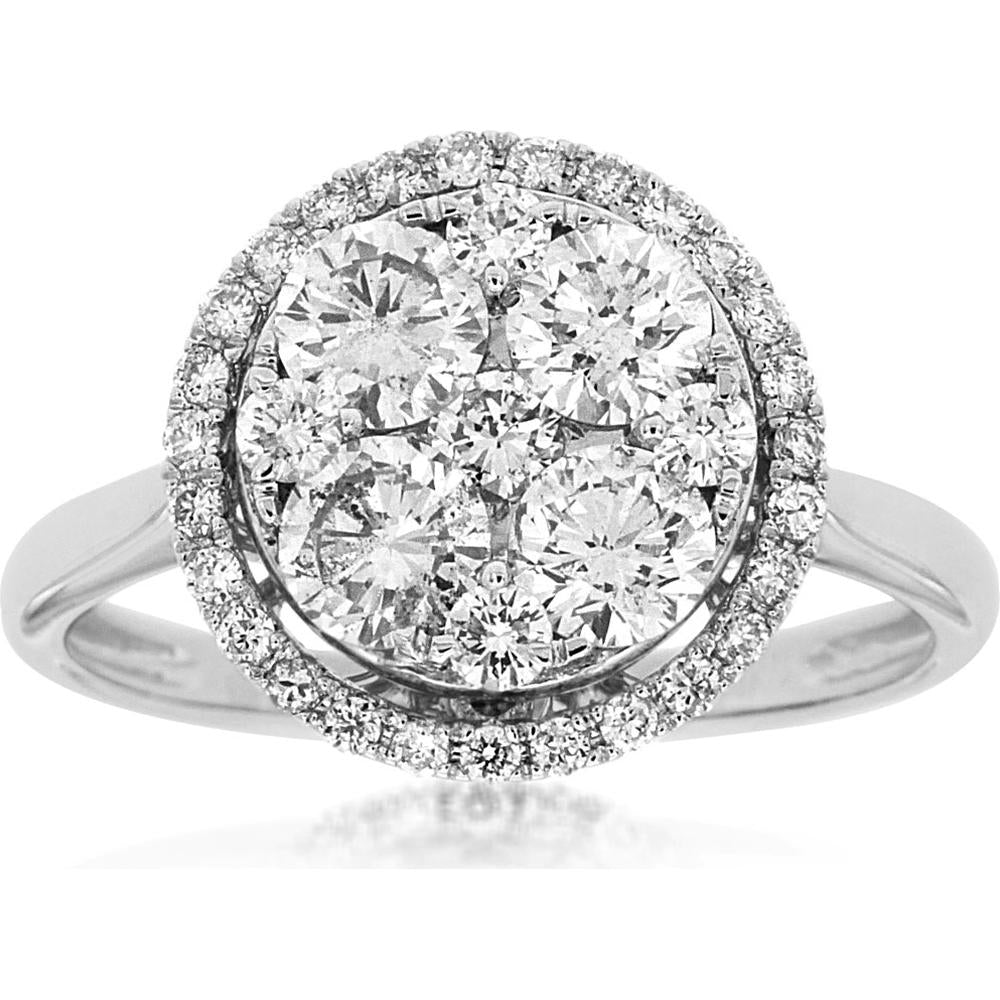 14K White Gold Round Diamond Cluster Halo Ring - 1.35 Carat Total Diamond Weight - Royal Jewelry