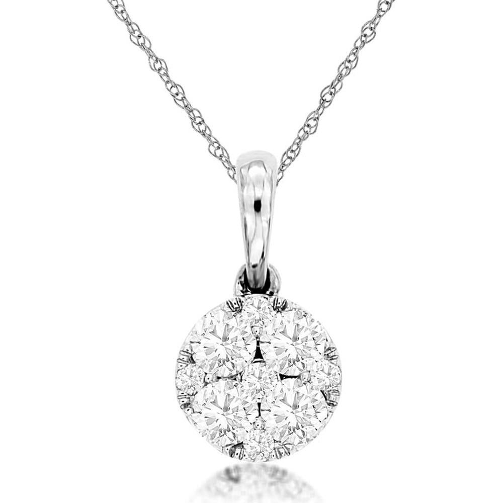 14K White Gold Round Diamond Cluster Pendant Necklace - 0.50 Carat Total Diamond Weight - Royal Jewelry