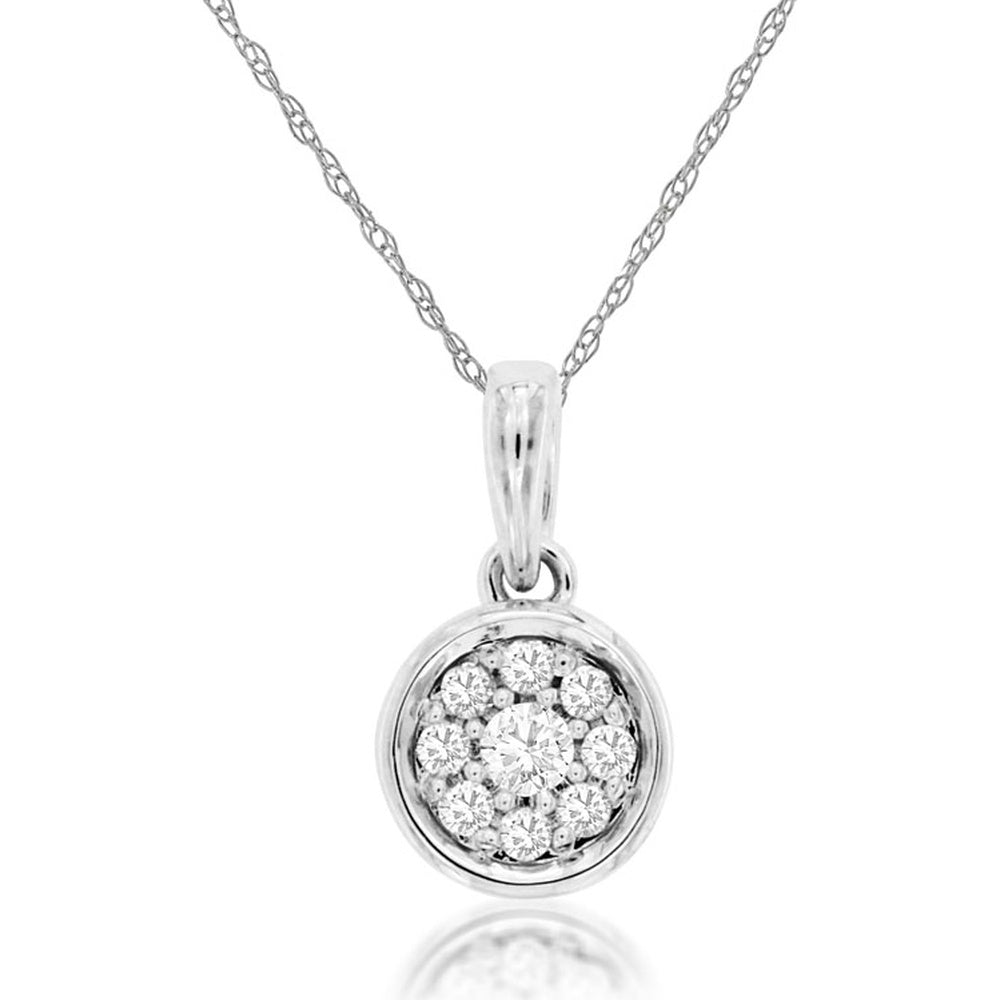 14K White Gold Round Diamond Cluster Pendant Necklace with Prong-Set Brilliant Diamonds - 0.09 Carat Total Diamond Weight - Royal Jewelry