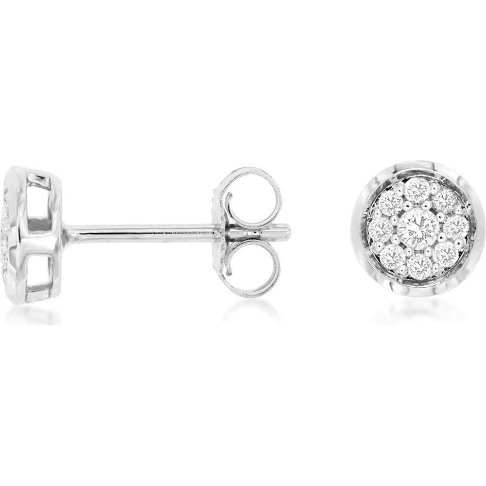 14K White Gold Round Diamond Cluster Stud Earrings with Bead Set Halo and Butterfly Backs - 0.18 Total Carat Weight - Royal Jewelry