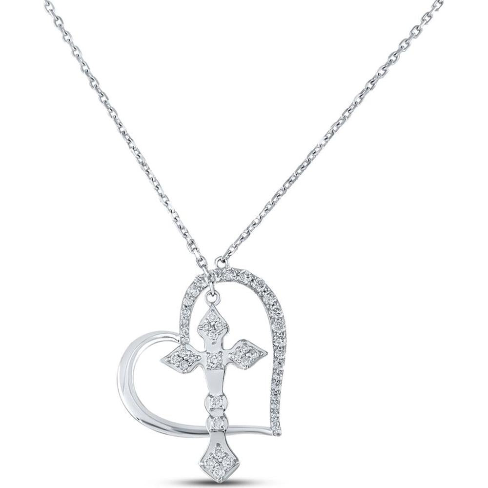 14K White Gold Round Diamond Cross Heart Pendant Necklace - 5/8 Carat Total Diamond Weight