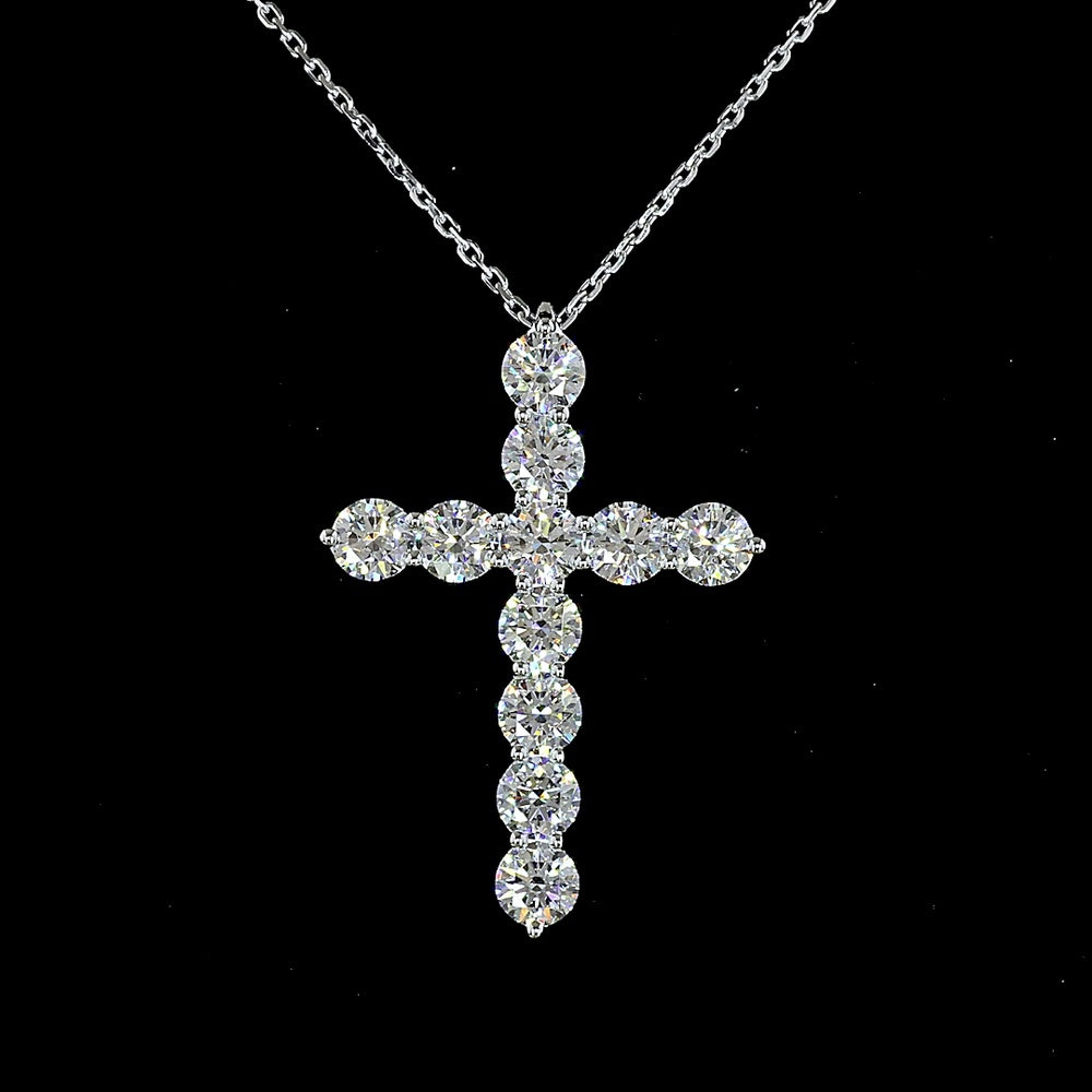 14K White Gold Round Diamond Cross Pendant with 11 Prong-Set Lab Diamonds - 2.00 Carat Total Weight - Covaloro Fine Jewelry