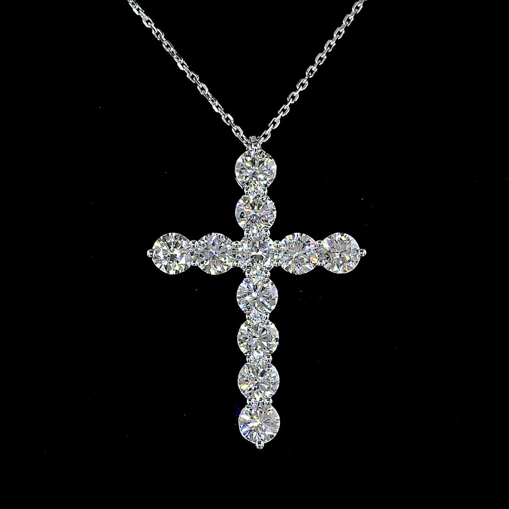 14K White Gold Round Diamond Cross Pendant with Prong-Set Brilliant Cut Lab Diamonds - 3.08 Total Carat Weight - Covaloro Fine Jewelry