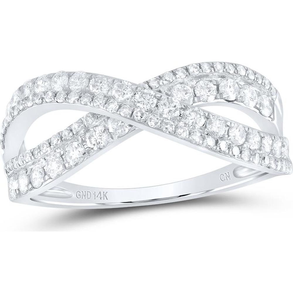 14K White Gold Round Diamond Crossover Band Ring - 3/4 Carat Total Diamond Weight