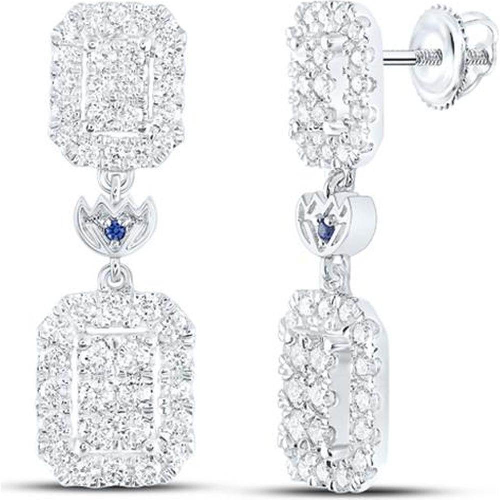 14K White Gold Round Diamond Dangle Earrings with Blue Sapphire - 1.01 Carat Total Gemstone Weight