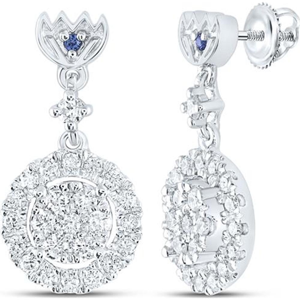 14K White Gold Round Diamond Dangle Earrings with Blue Sapphire - 1/2 Carat Total Diamond Weight