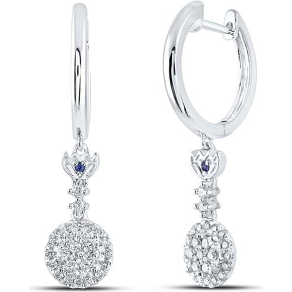 14K White Gold Round Diamond Dangle Earrings with Blue Sapphire - 1/2 Carat Total Diamond Weight
