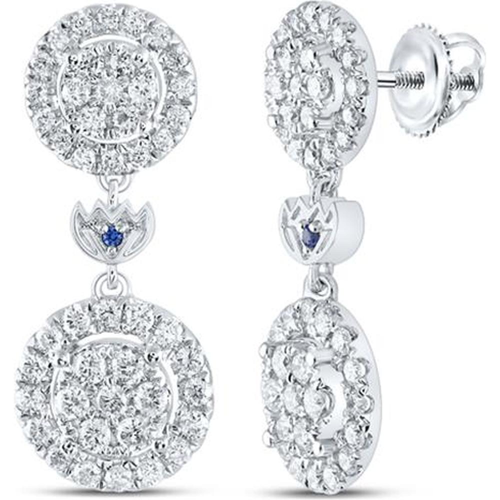 14K White Gold Round Diamond Dangle Earrings with Blue Sapphire Accent - 1.03 Carat Total Diamond Weight