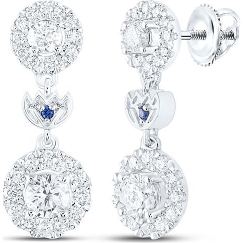 14K White Gold Round Diamond Dangle Earrings with Natural Blue Sapphire - 1 Carat Total Diamond Weight