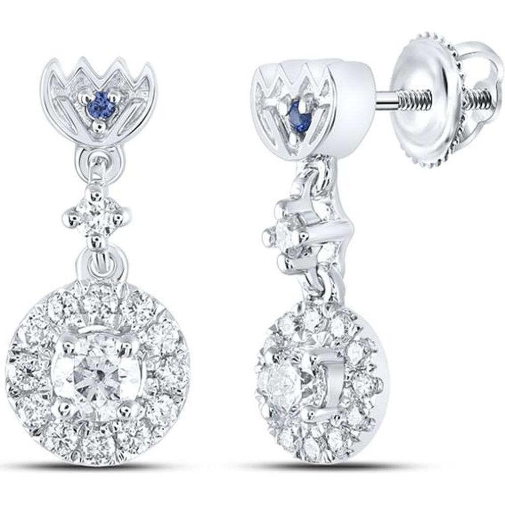 14K White Gold Round Diamond Dangle Earrings with Natural Blue Sapphires - 1/2 Carat Total Diamond Weight