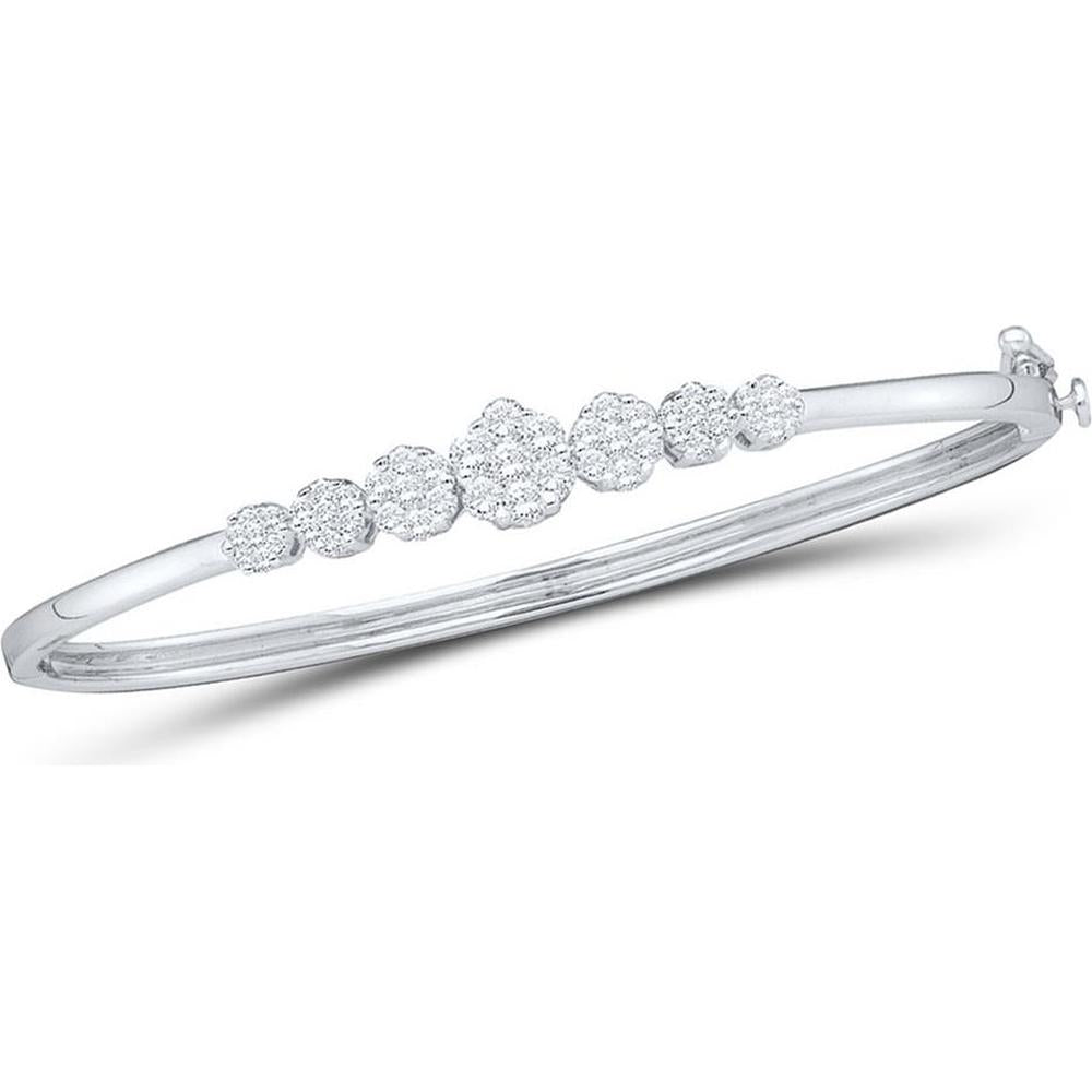 14K White Gold Round Diamond Flower Cluster Bangle Bracelet - 1 Carat Total Diamond Weight