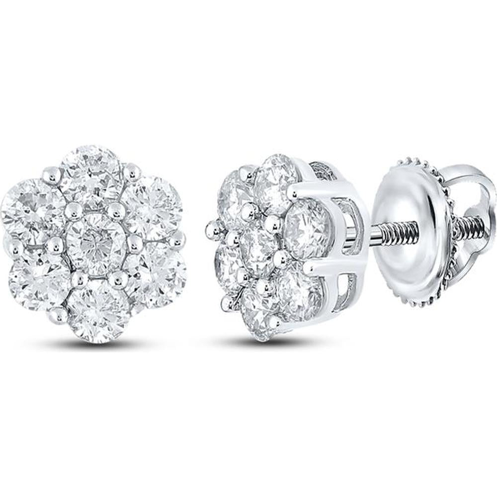 14K White Gold Round Diamond Flower Cluster Earrings - 1.0 Carat Total Diamond Weight