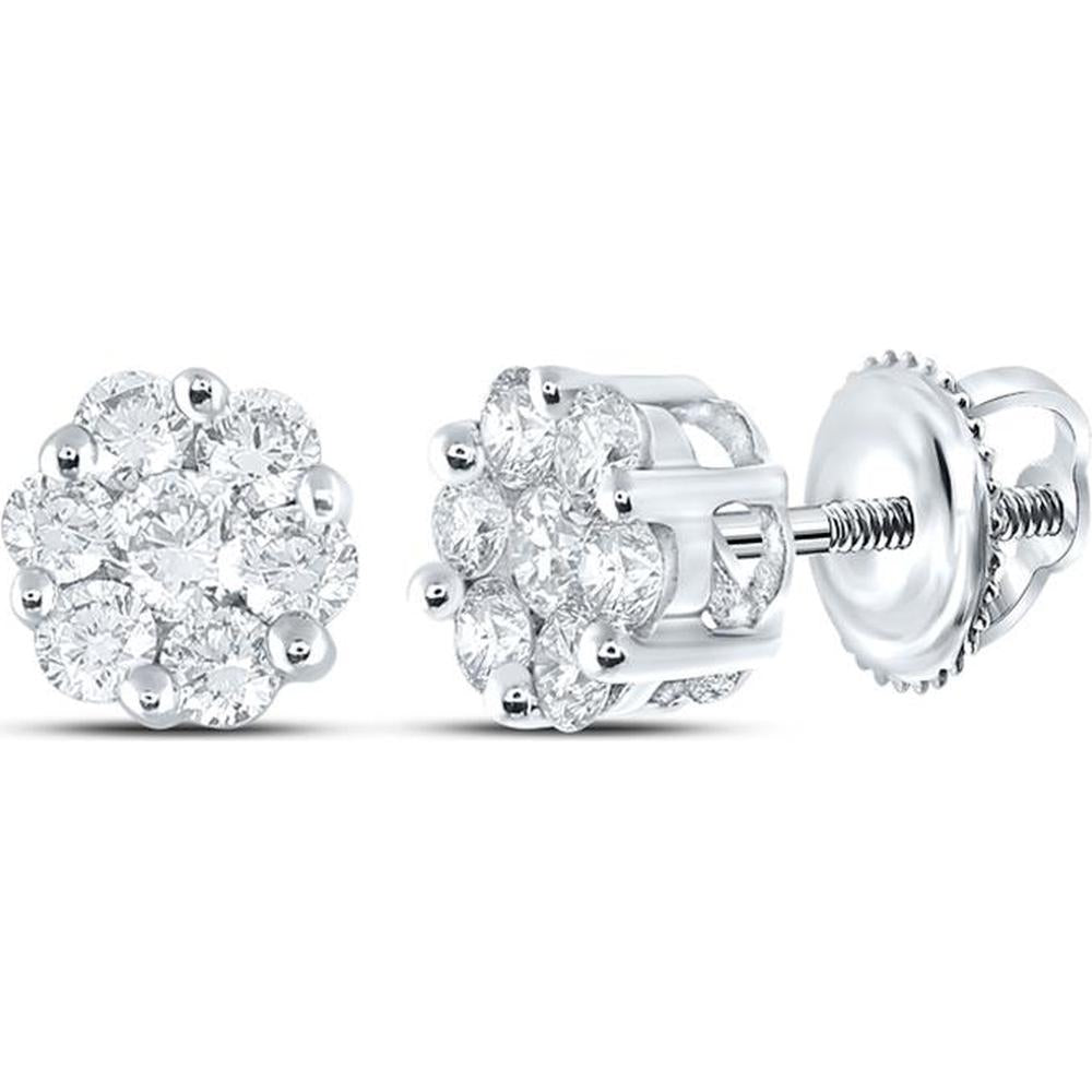 14K White Gold Round Diamond Flower Cluster Earrings - 1/2 Carat Total Diamond Weight