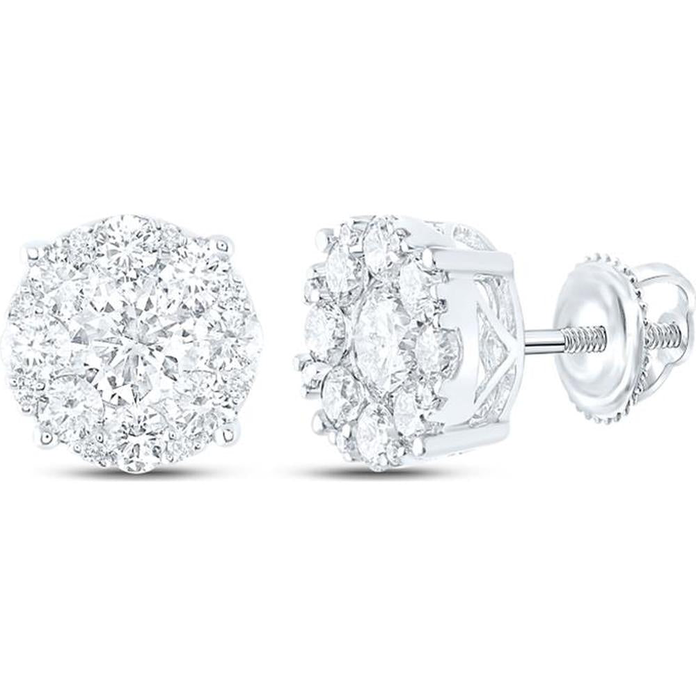 14K White Gold Round Diamond Flower Cluster Earrings - 2.25 Carat Total Diamond Weight