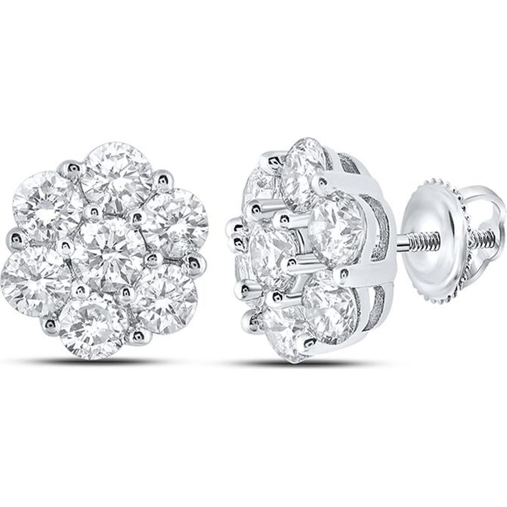 14K White Gold Round Diamond Flower Cluster Earrings - 7/8 Carat Total Diamond Weight