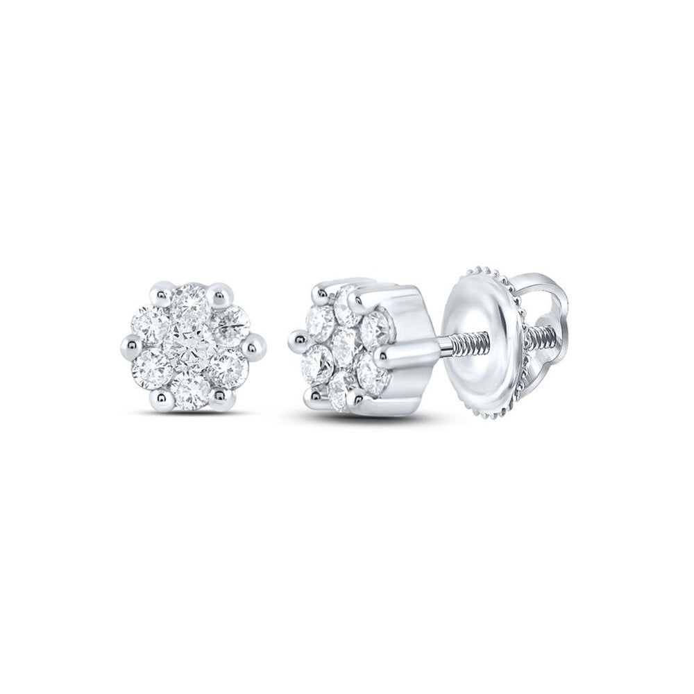 14K White Gold Round Diamond Flower Cluster Earrings (Certified) - 1/6 Carat Total Diamond Weight