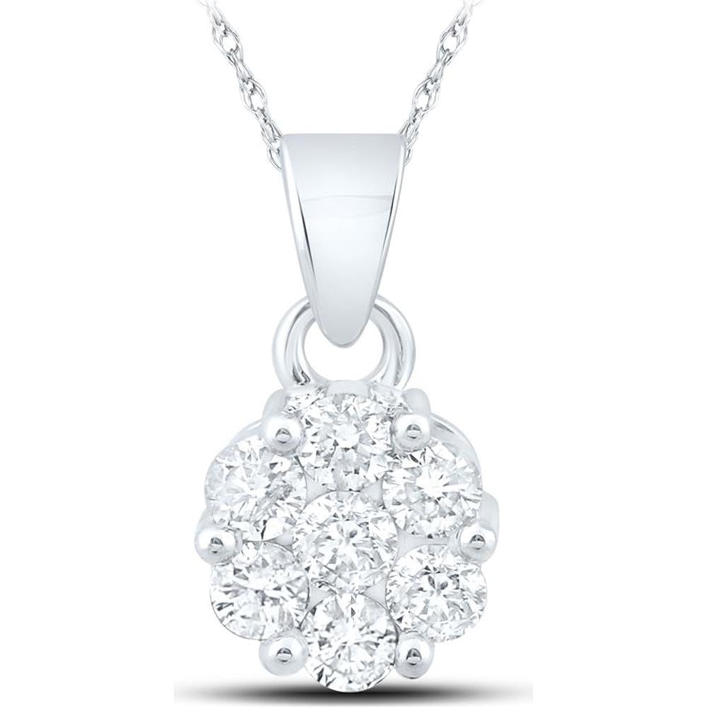 14K White Gold Round Diamond Flower Cluster Pendant - 1.07 Carat Total Diamond Weight