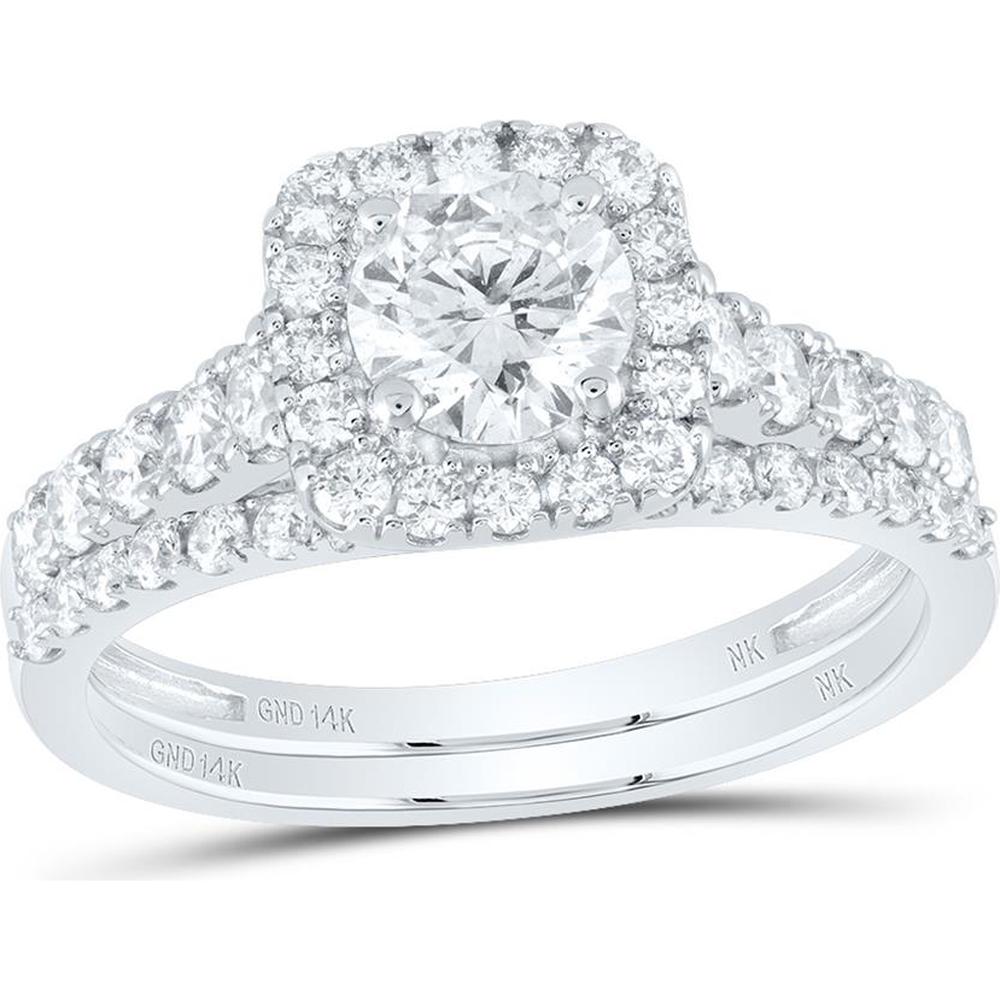 14K White Gold Round Diamond Halo Bridal Wedding Ring Set - 1.5 Carat Total Diamond Weight