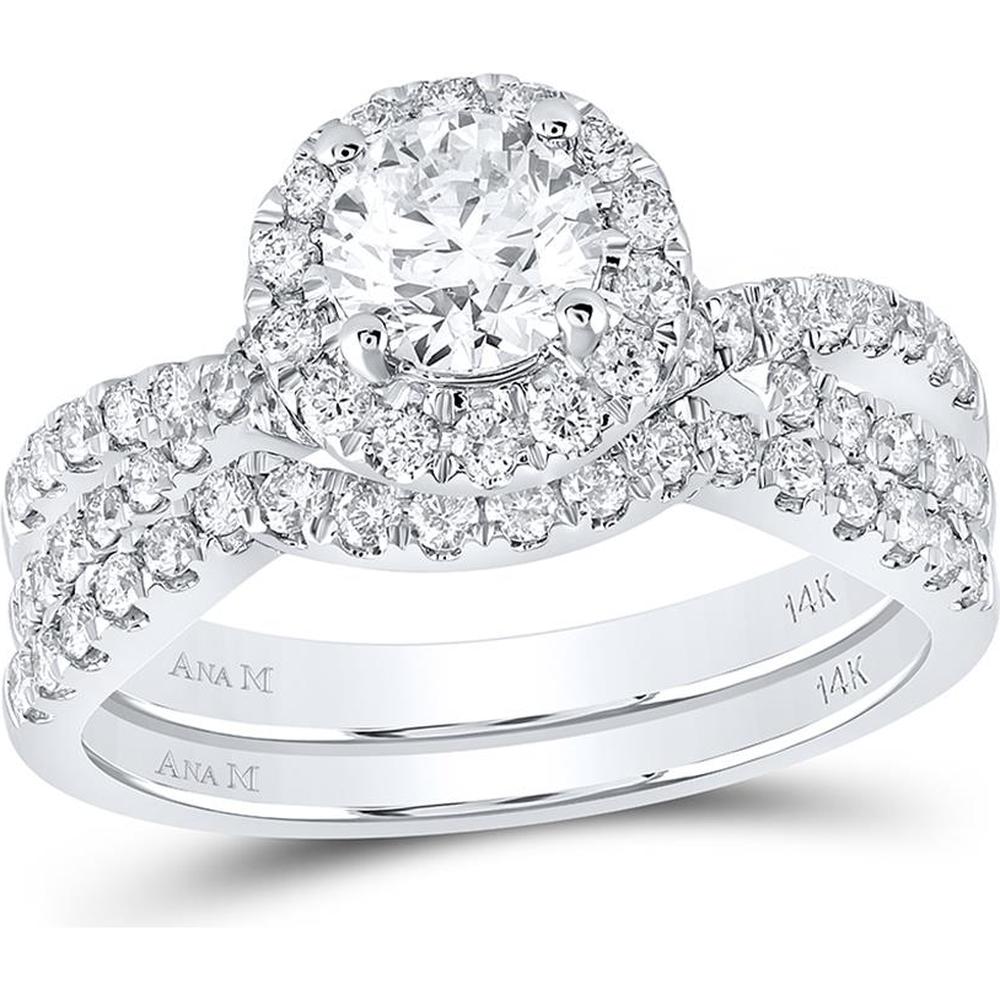 14K White Gold Round Diamond Halo Bridal Wedding Ring Set - 1.50 Carat Total Diamond Weight