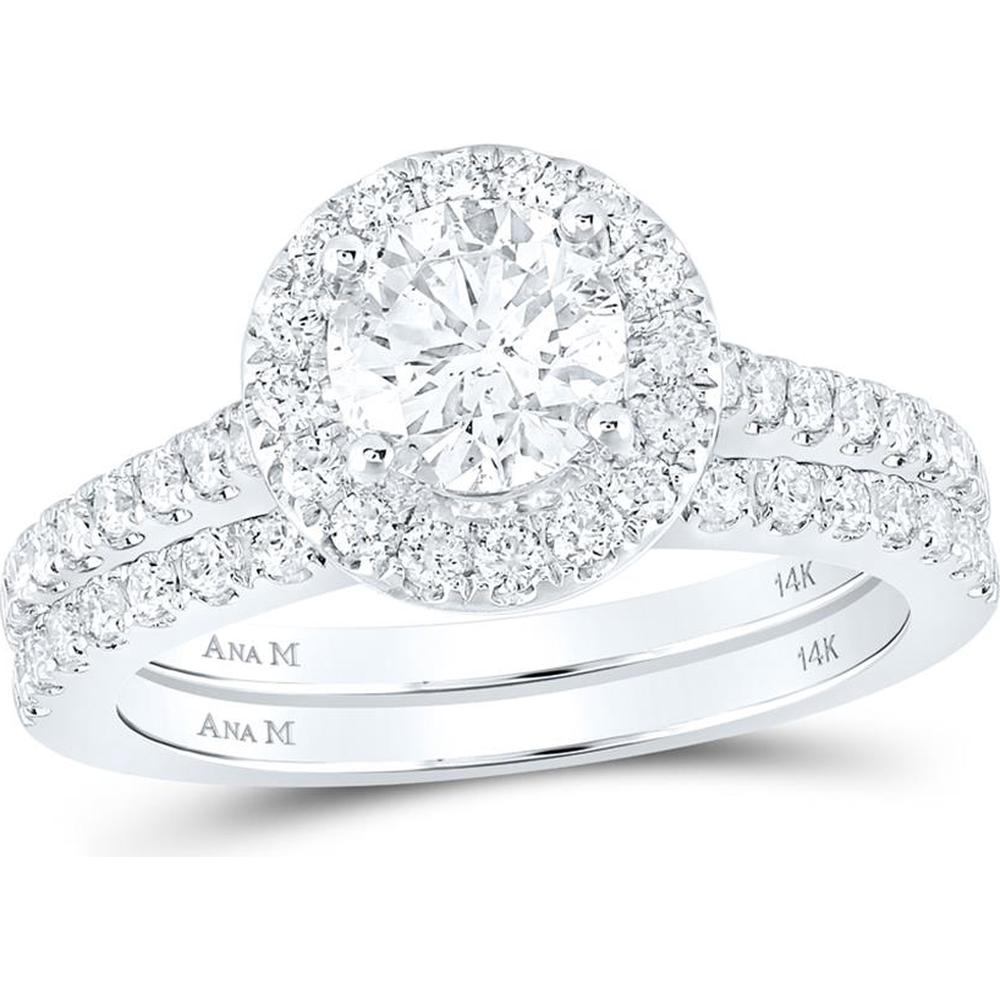 14K White Gold Round Diamond Halo Bridal Wedding Ring Set - 1.62 Carat Total Diamond Weight