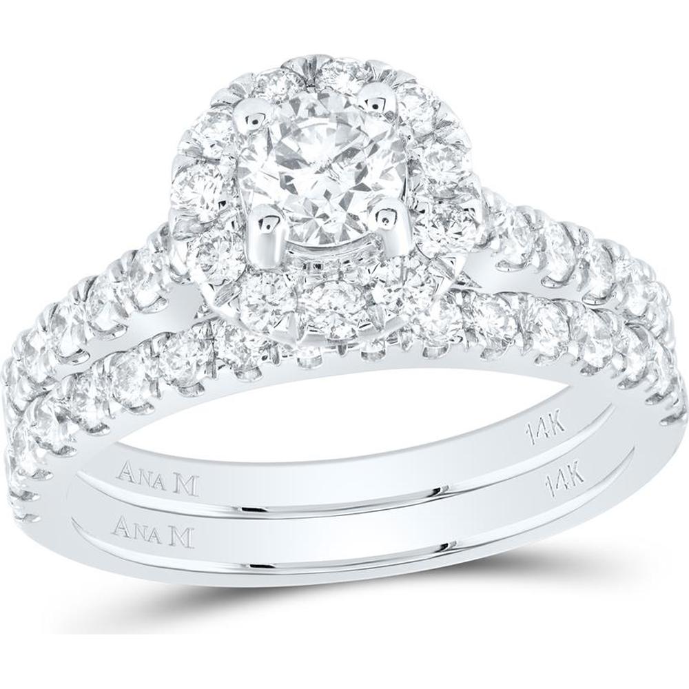 14K White Gold Round Diamond Halo Bridal Wedding Ring Set - 1.75 Carat Total Diamond Weight, Blue Sapphire Accent