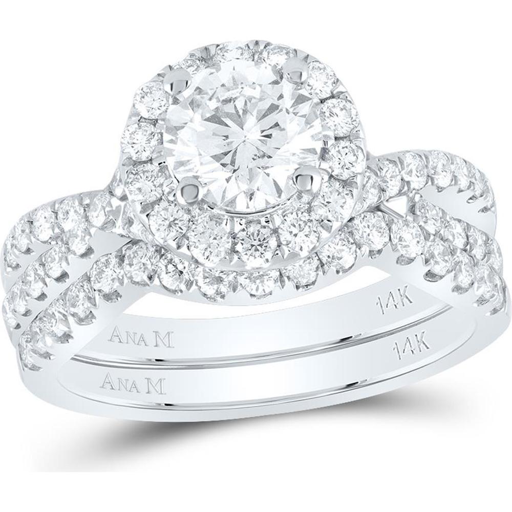 14K White Gold Round Diamond Halo Bridal Wedding Ring Set - 2.00 Carat Total Diamond Weight