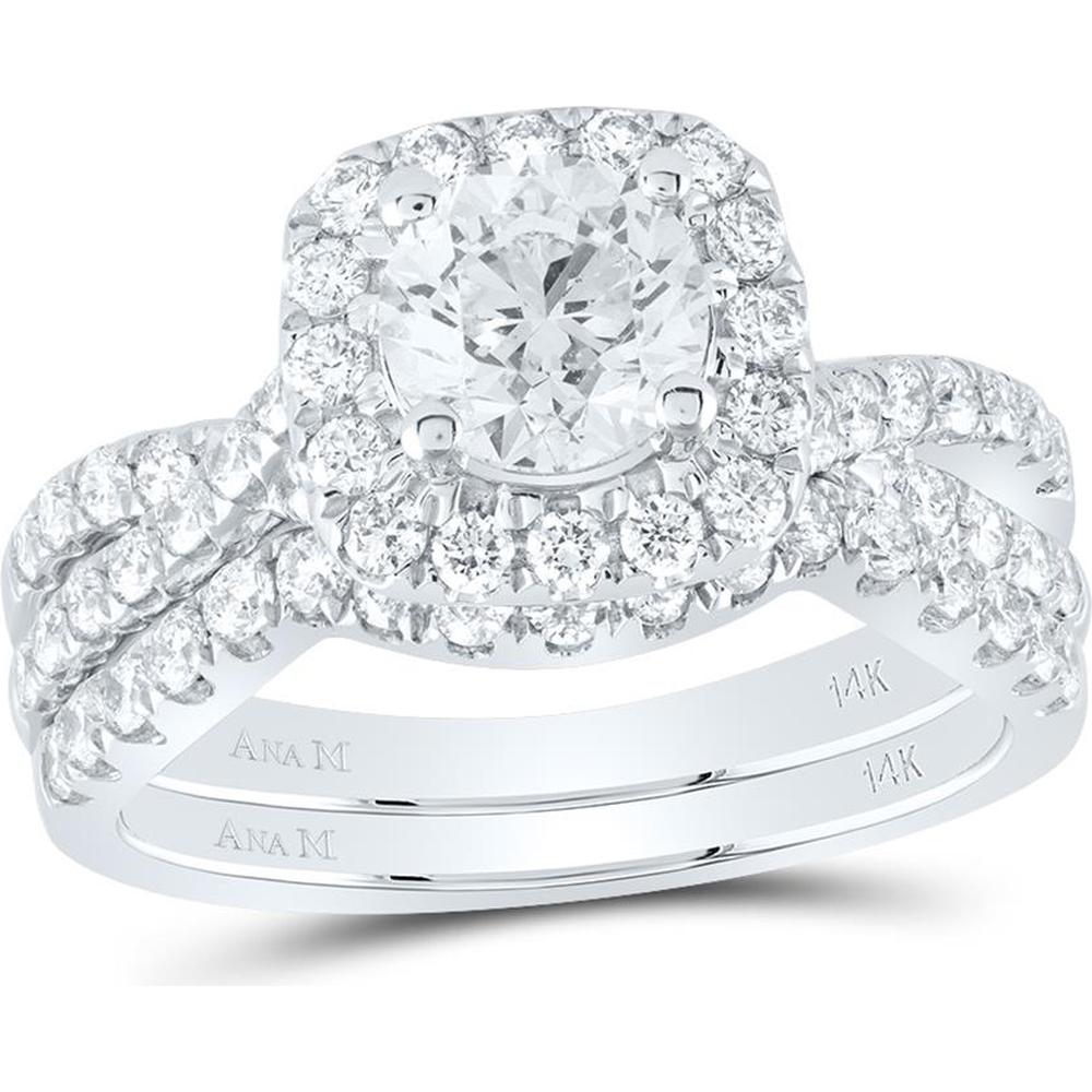 14K White Gold Round Diamond Halo Bridal Wedding Ring Set - 2.02 Carat Total Diamond Weight