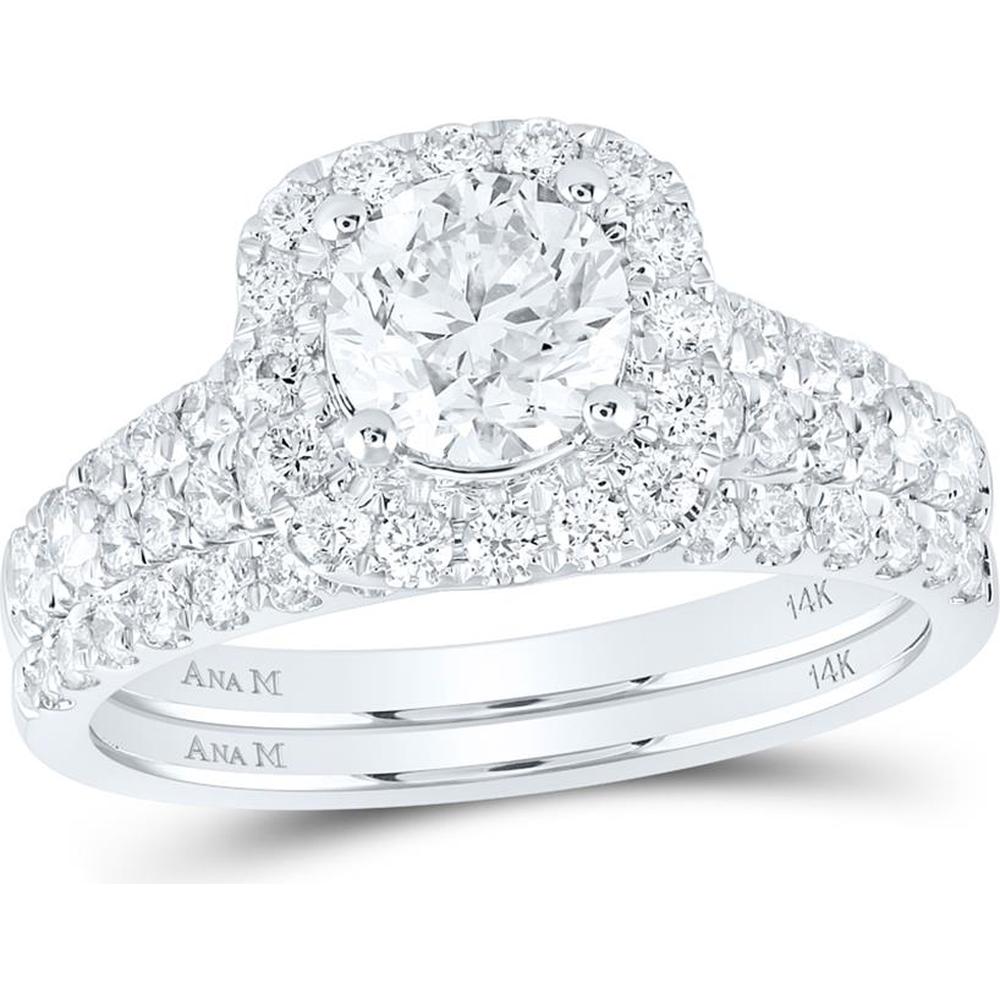 14K White Gold Round Diamond Halo Bridal Wedding Ring Set - 2 Carat Total Diamond Weight