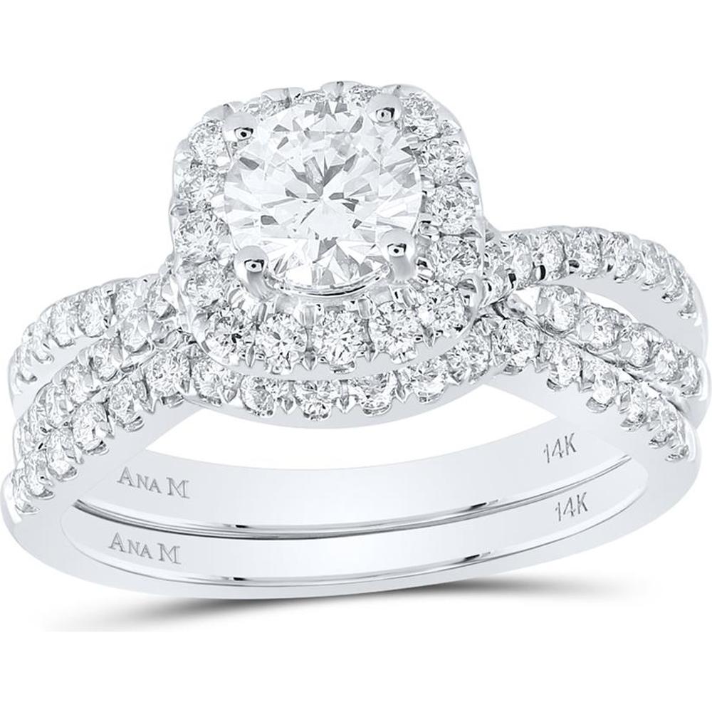 14K White Gold Round Diamond Halo Bridal Wedding Ring Set with Blue Sapphire - 1.5 Carat Total Diamond Weight.