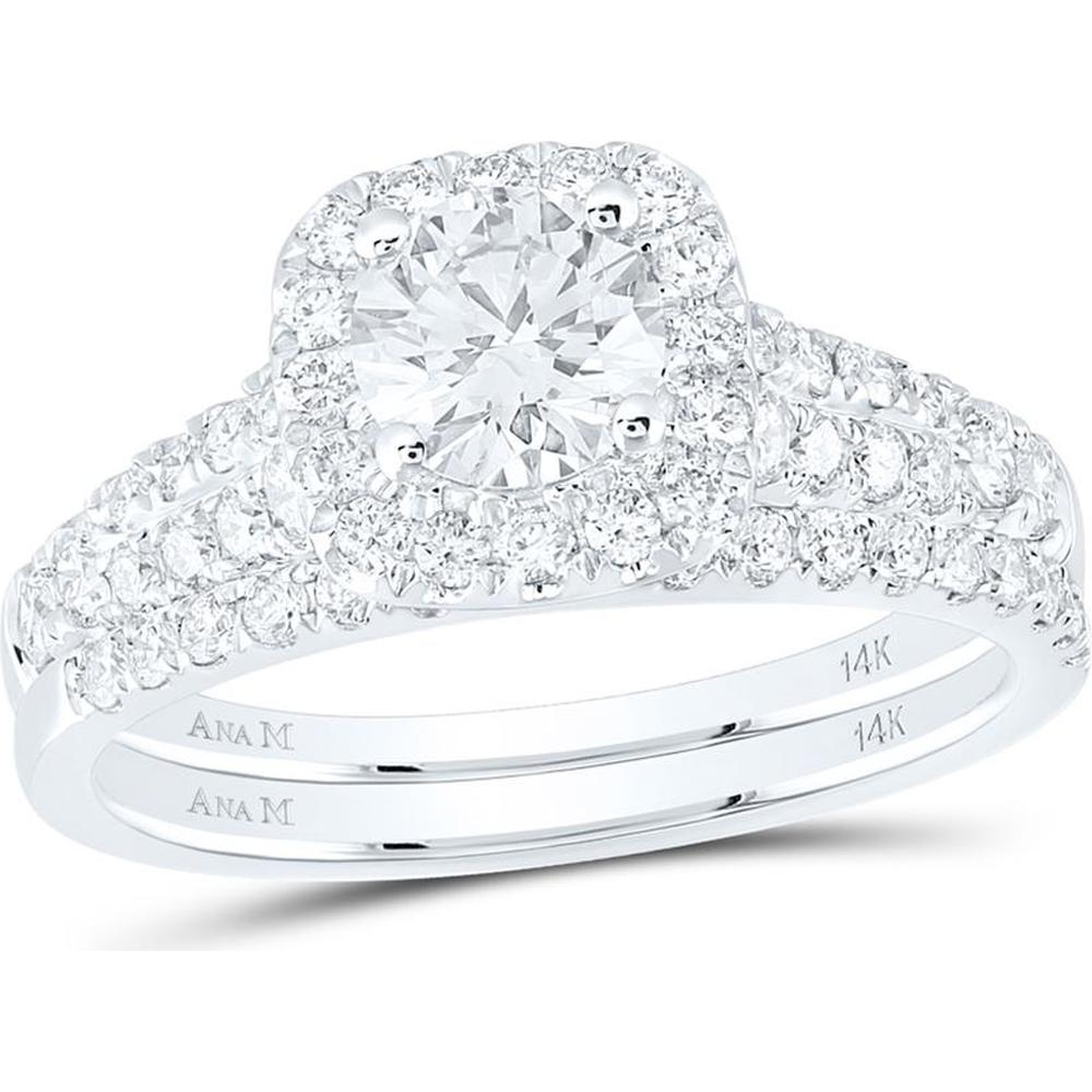 14K White Gold Round Diamond Halo Bridal Wedding Ring Set with Blue Sapphire Accent - 1.50 Carat Total Diamond Weight