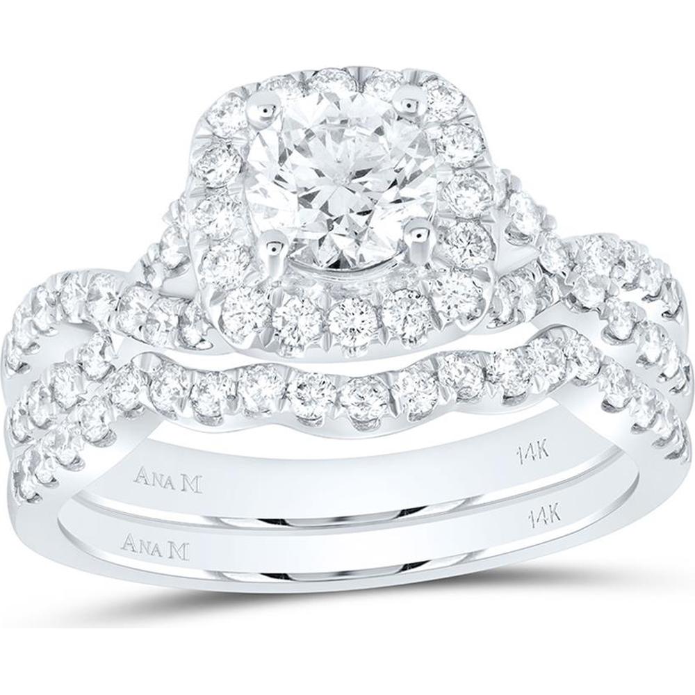 14K White Gold Round Diamond Halo Bridal Wedding Ring Set with Blue Sapphire Accents - 1.50 Carat Total Diamond Weight (Certified)
