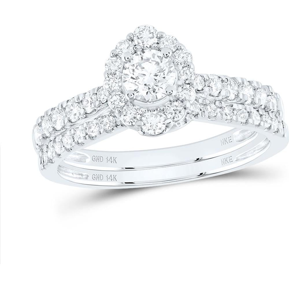 14K White Gold Round Diamond Halo Bridal Wedding Ring Set with Natural Blue Sapphire - 1 Carat Total Diamond Weight
