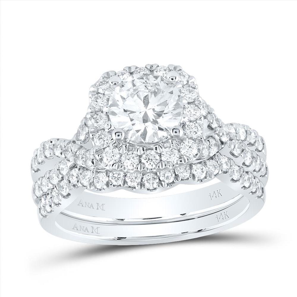 14K White Gold Round Diamond Halo Bridal Wedding Ring Set with Natural Blue Sapphire - 2.00 Carat Total Diamond Weight