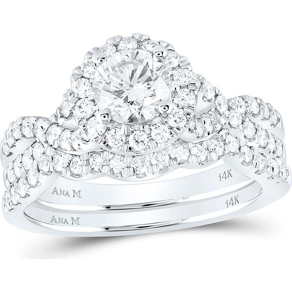 14K White Gold Round Diamond Halo Bridal Wedding Ring Set with Sapphire Accent - 1.5 Carat Total Diamond Weight