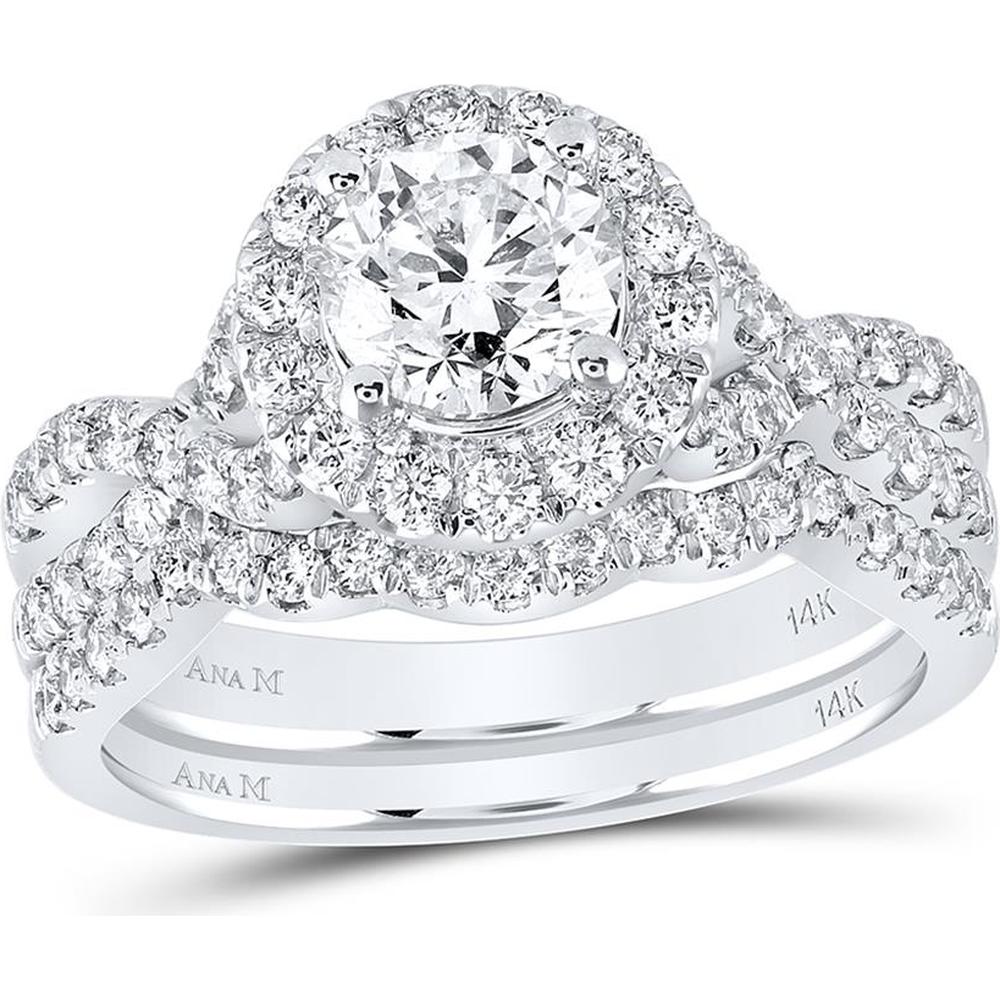 14K White Gold Round Diamond Halo Bridal Wedding Ring Set with Sapphire Accent - 2.00 Carat Total Diamond Weight