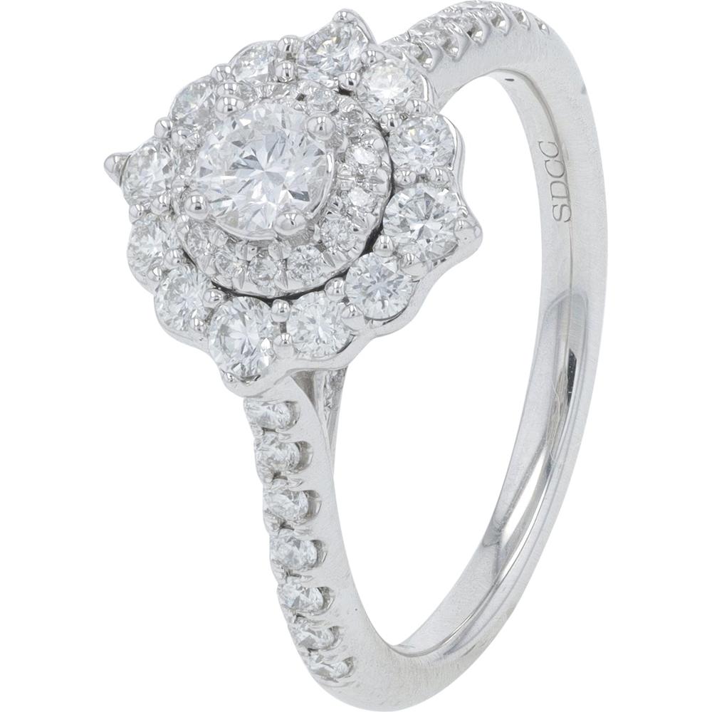 14K White Gold Round Diamond Halo Engagement Ring - 1.00 Carat Total Diamond Weight